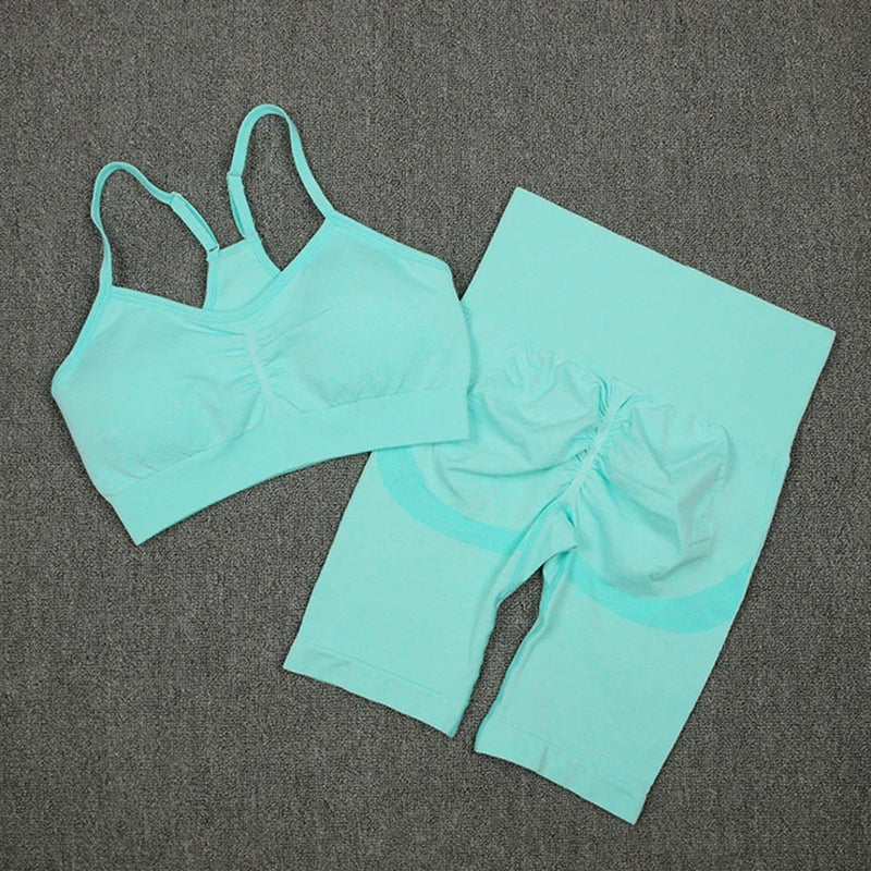 2Pcs Women Sport Suit Gym Set Sexy Bra Seamless Shorts Workout Running Clothing Gym Wear Athletic Yoga Set