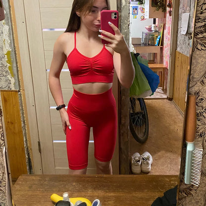 2Pcs Women Sport Suit Gym Set Sexy Bra Seamless Shorts Workout Running Clothing Gym Wear Athletic Yoga Set
